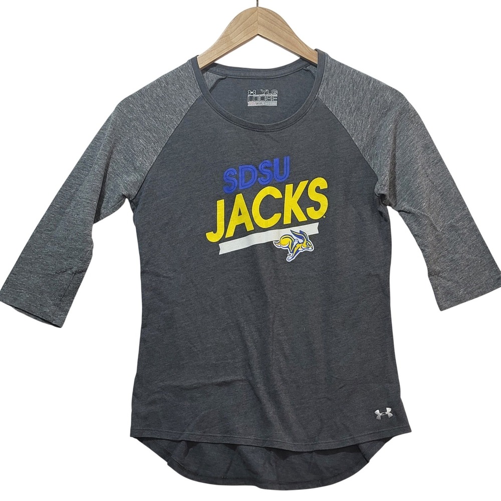 Under Armour SDSU Jacks Girls Youth Large Gray 3/4 Sleeve Raglan HeatGear Shirt